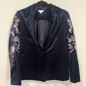 Tribal Jeans Midnight Blue Velvet Velour Soft Blazer with Floral Embroidery